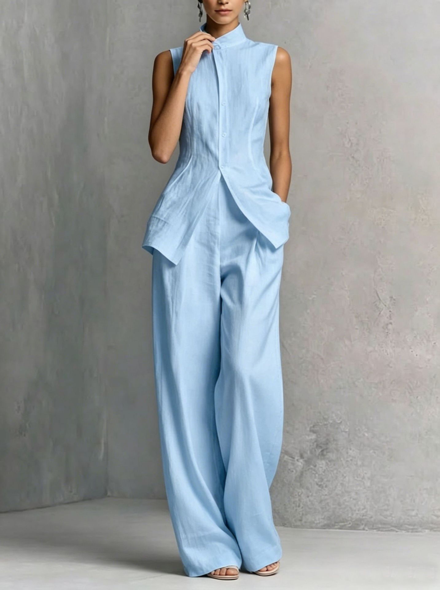 Ensemble élégant formel pour femme, noir, 2 pièces, sans manches, col haut, fermeture boutonnée sur le devant, veste, pantalon large à taille haute