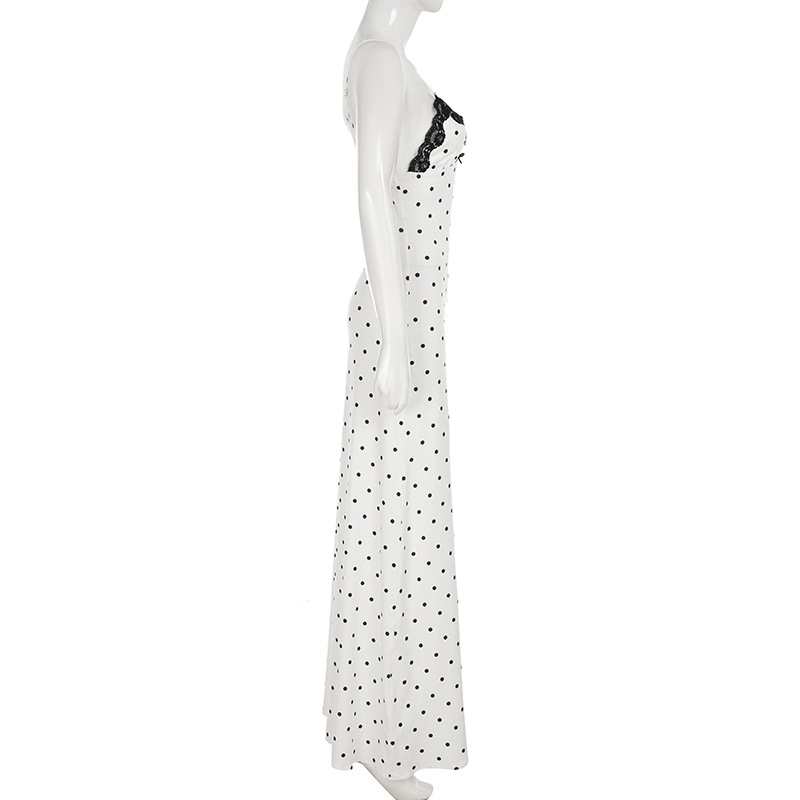 Robe Maxi en dentelle pour femmes, col en v, Patchwork, dos nu, taille haute, Slim, Spaghetti, contraste, robe de soirée, printemps