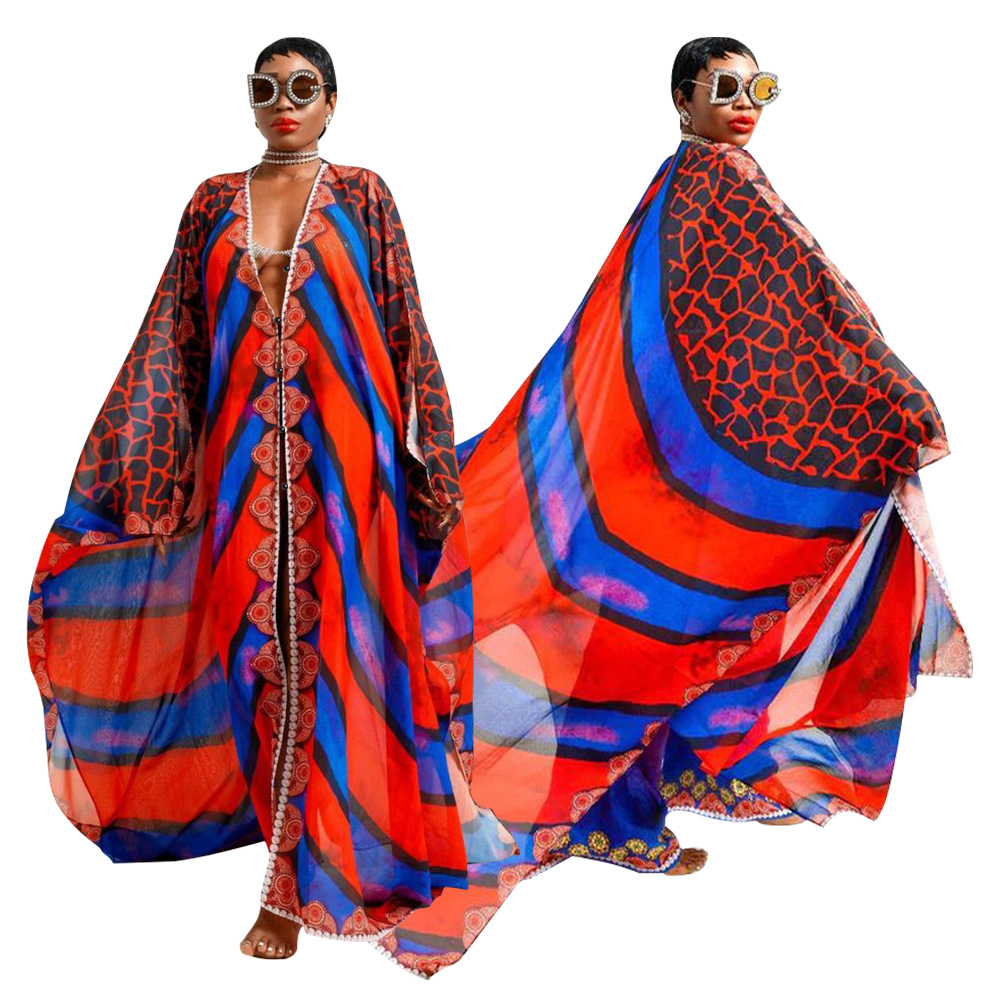 Robes Africaines Transparentes en Mousseline de Soie pour Femme, Sexy, Col en V, Imprimé Bohème, Maxi, Kimono Africain, Bikini, Vêtements de Plage, Vacances