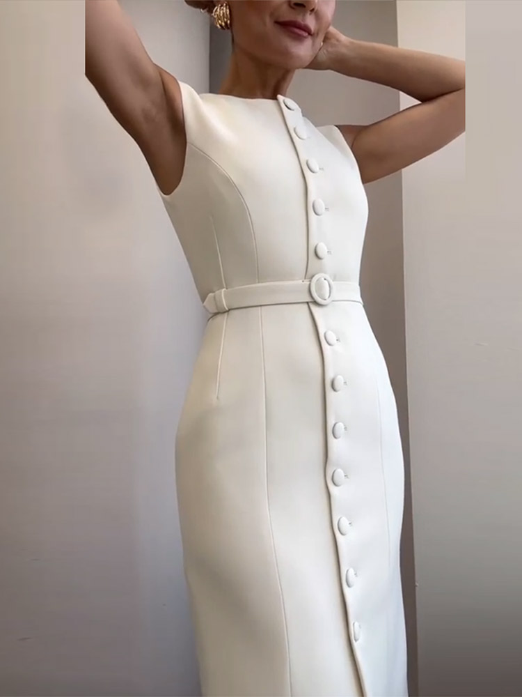 Costume sans manches à lacets robe mi-longue femmes élégant col rond simple boutonnage coupe ajustée Robes de soirée mode bureau dame Robes