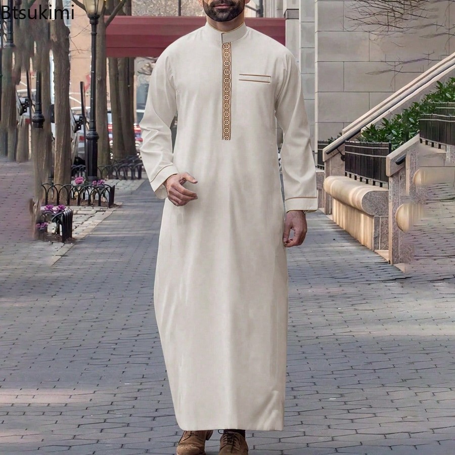 Abayas musulmanes pour hommes, couleur unie, Robe longue brodée, Jubba Thobe, chemises musulmanes arabes saoudiennes, vêtements islamiques, 2026