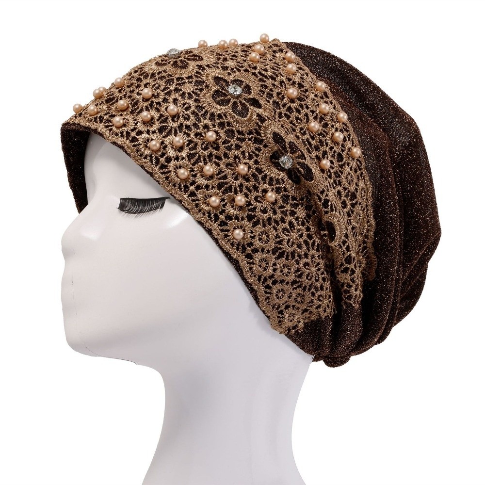 Turban élégant brodé pour femme, bonnet en dentelle à motif floral, foulard musulman, bonnets et bandeaux pour femme
