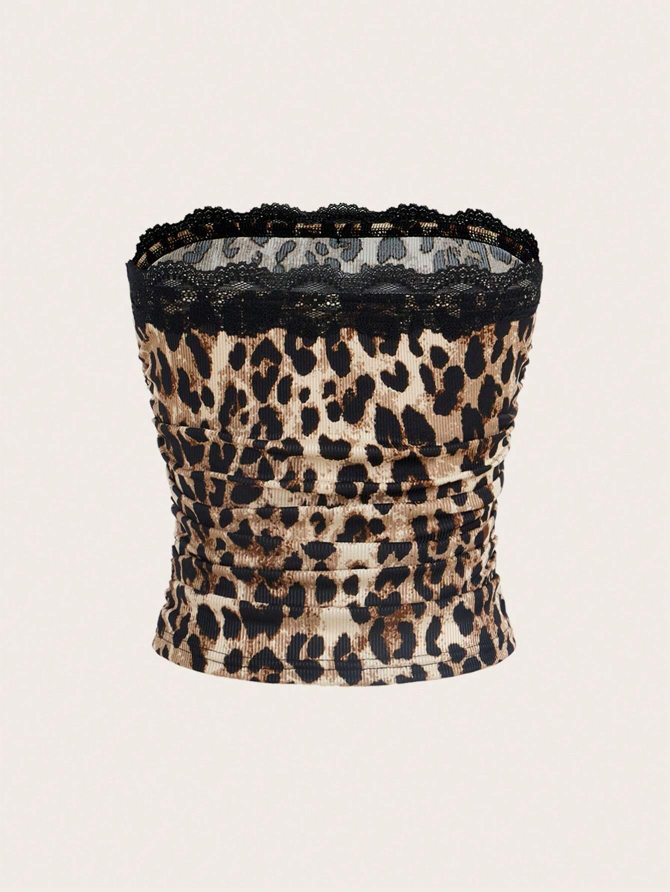 Haut court bandeau sans bretelles en maille côtelée à imprimé léopard avec dentelle sexy pour femme, coupe ajustée décontractée, dos nu, taille plissée 2026