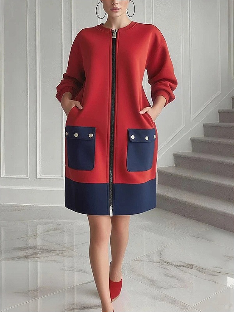 Modigirl contraste couleur manches longues robes pour femmes hiver printemps 2025 nouveau élégant rouge poches fermeture éclair femme Midi tenue décontractée