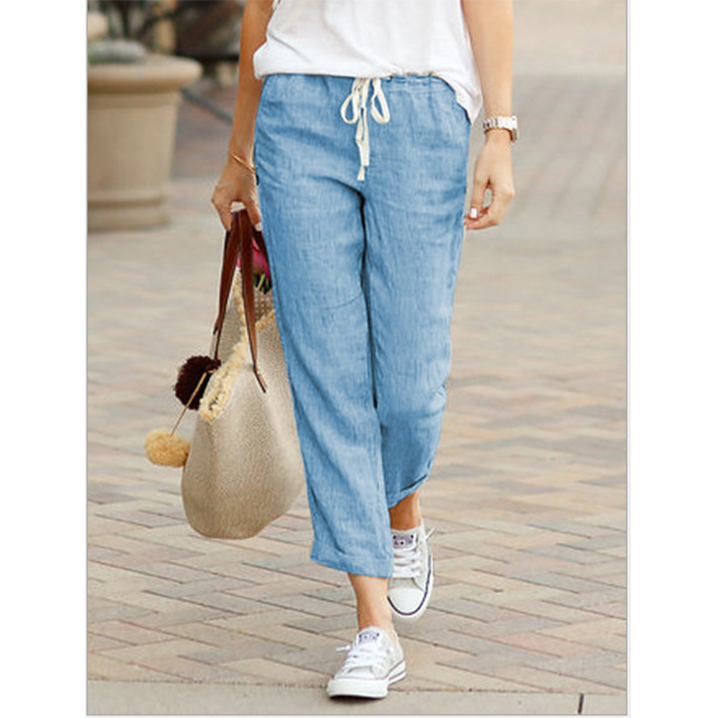 Pantalon décontracté femme 2026 printemps-été, couleur unie, taille haute, cordon de serrage, élastique, longueur cheville, poches, style sarouel