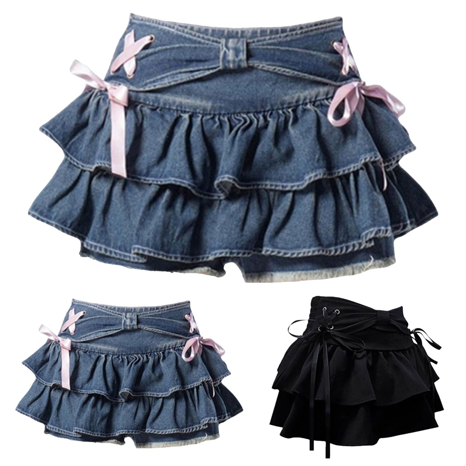 Femmes Y2k Denim Mini Jupe Doux À Volants Kawaii Arc Coquette Jupe Vintage D'été Cutecore A-ligne Jean Court Harajuku Jupes