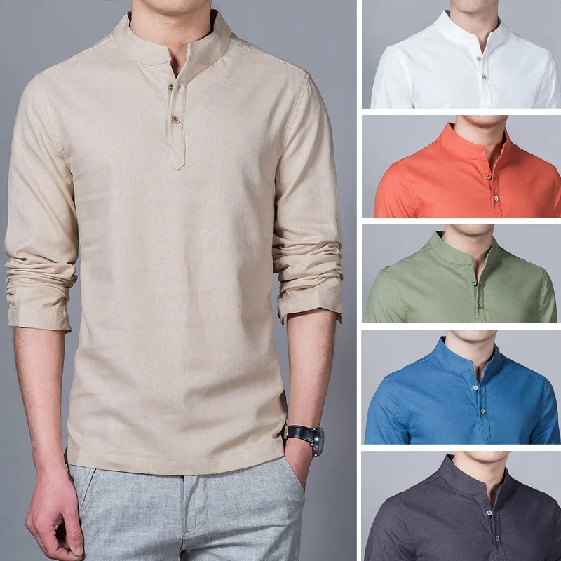 T-shirt en lin à manches longues pour hommes, col montant, chemise de base mince, t-shirts Y et t-shirts, mode masculine, vêtements de printemps