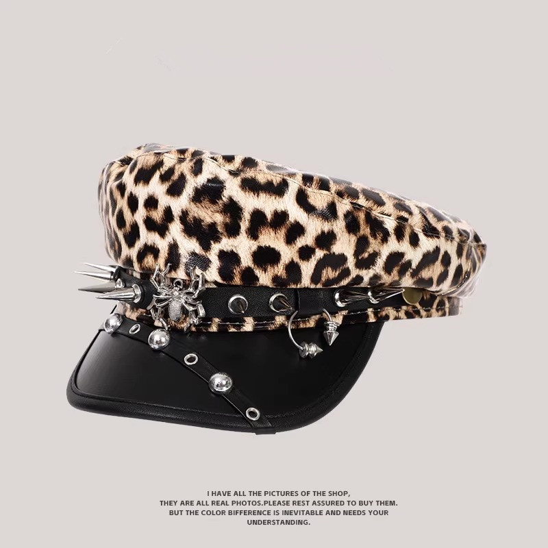 Casquette de gavroche punk pour femme en cuir PU, motif léopard, style gothique, Y2K, avec rivets et chaînes, style militaire, streetwear Harajuku