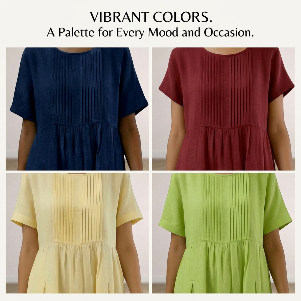 Robe en coton et lin pour femmes, plissée, couleur unie, manches courtes, décontractée, mi-longue, style pull-over.