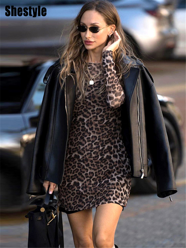 ShKouLeopard-Robe trapèze sexy pour femme, maille transparente, imprimé animal, mode extrêmement chaude, rue haute, ensemble 2 pièces