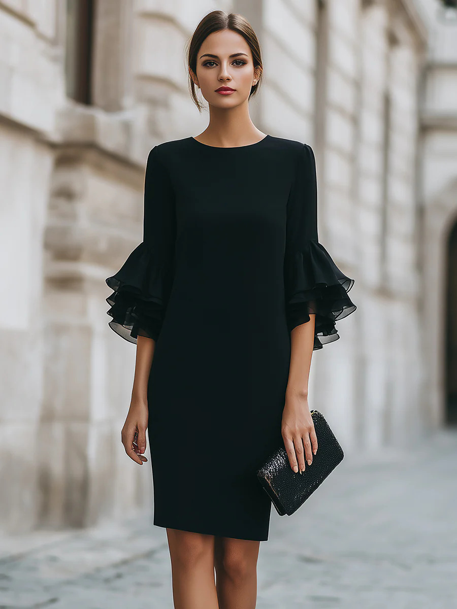 Robe de soirée décontractée et élégante, mode printemps-été, couleur unie, style simple pour le quotidien, col rond, manches mi-longues, longueur mi-longue