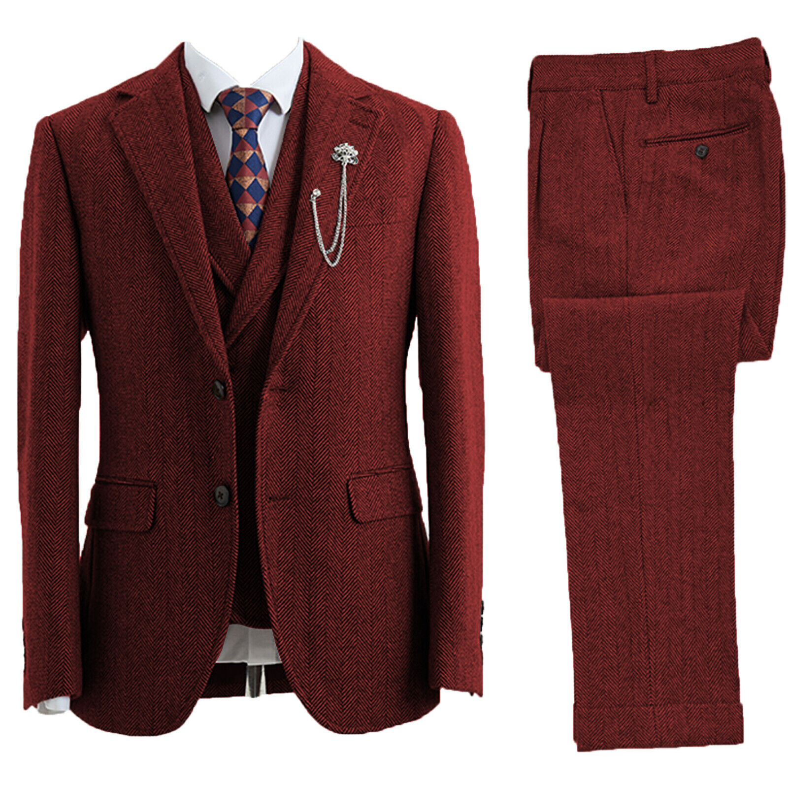 Tuxedos croisés à chevrons en tweed trempé pour hommes, vêtements de mariage, 3 pièces, taille