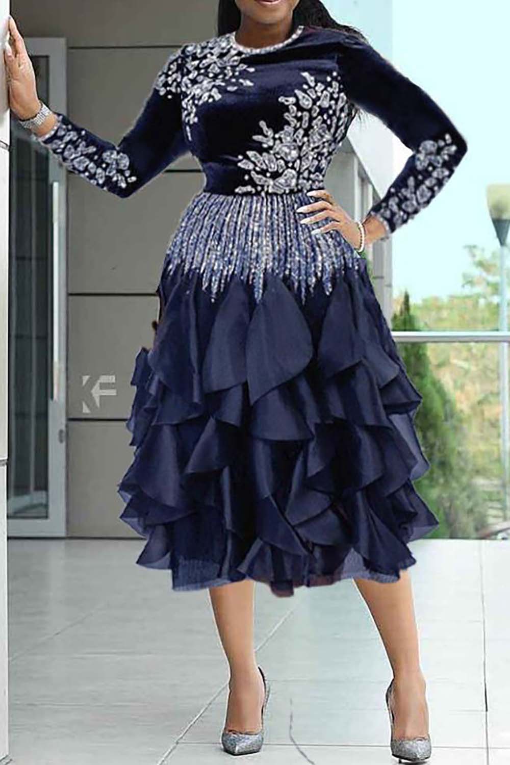 Robes mi-longues pour mère de la mariée, grande taille, élégantes, noires, automne-hiver, col rond, manches longues, strass, velours, robes mi-longues pour femmes