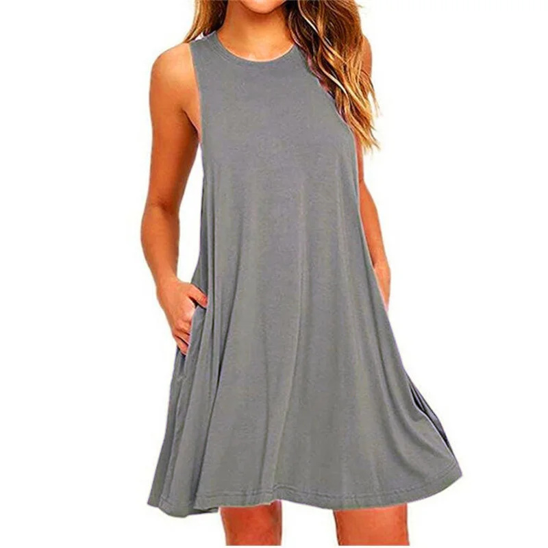 Robe décontractée d'été pour femme, style t-shirt, cache-maillot de plage, unie, plissée, avec poches, débardeur