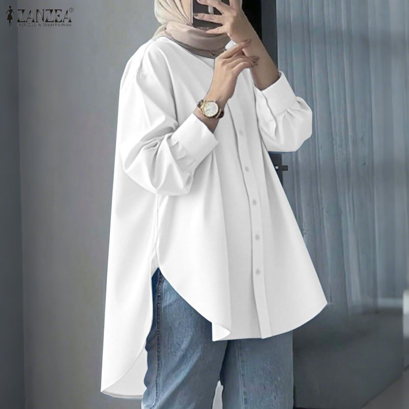 Mode femmes chemise 2026 ZANZEA chemisier musulman automne printemps revers cou à manches longues hauts solide haut bas travail chemise Mujer surdimensionné