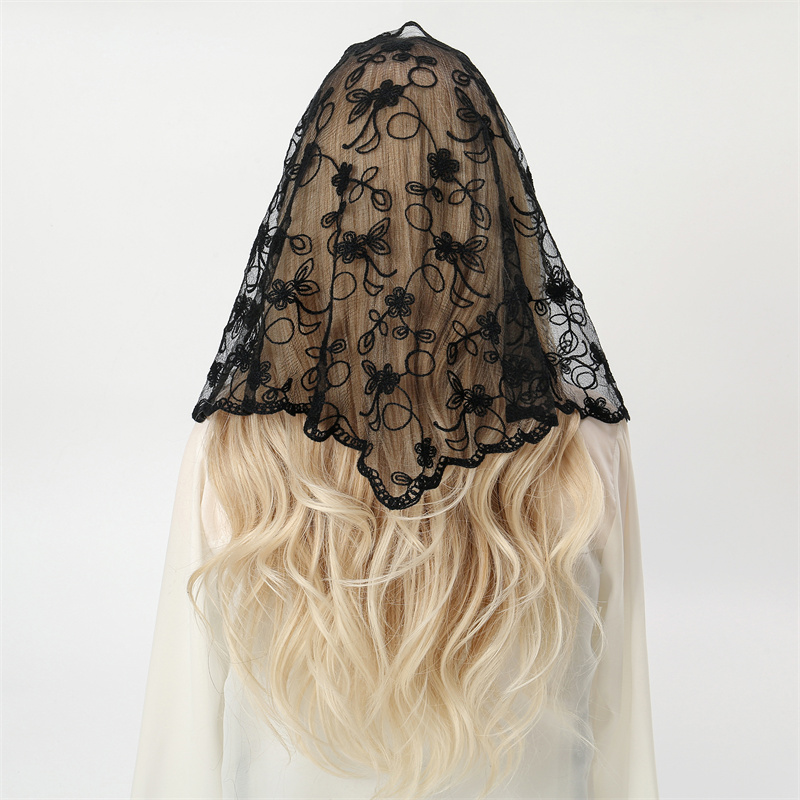 Châle d'église brodé blanc pour femme, voile de dentelle, écharpe en polyester, bandana, prière d'église, mantille de mariage, chapelle, hijab à la mode