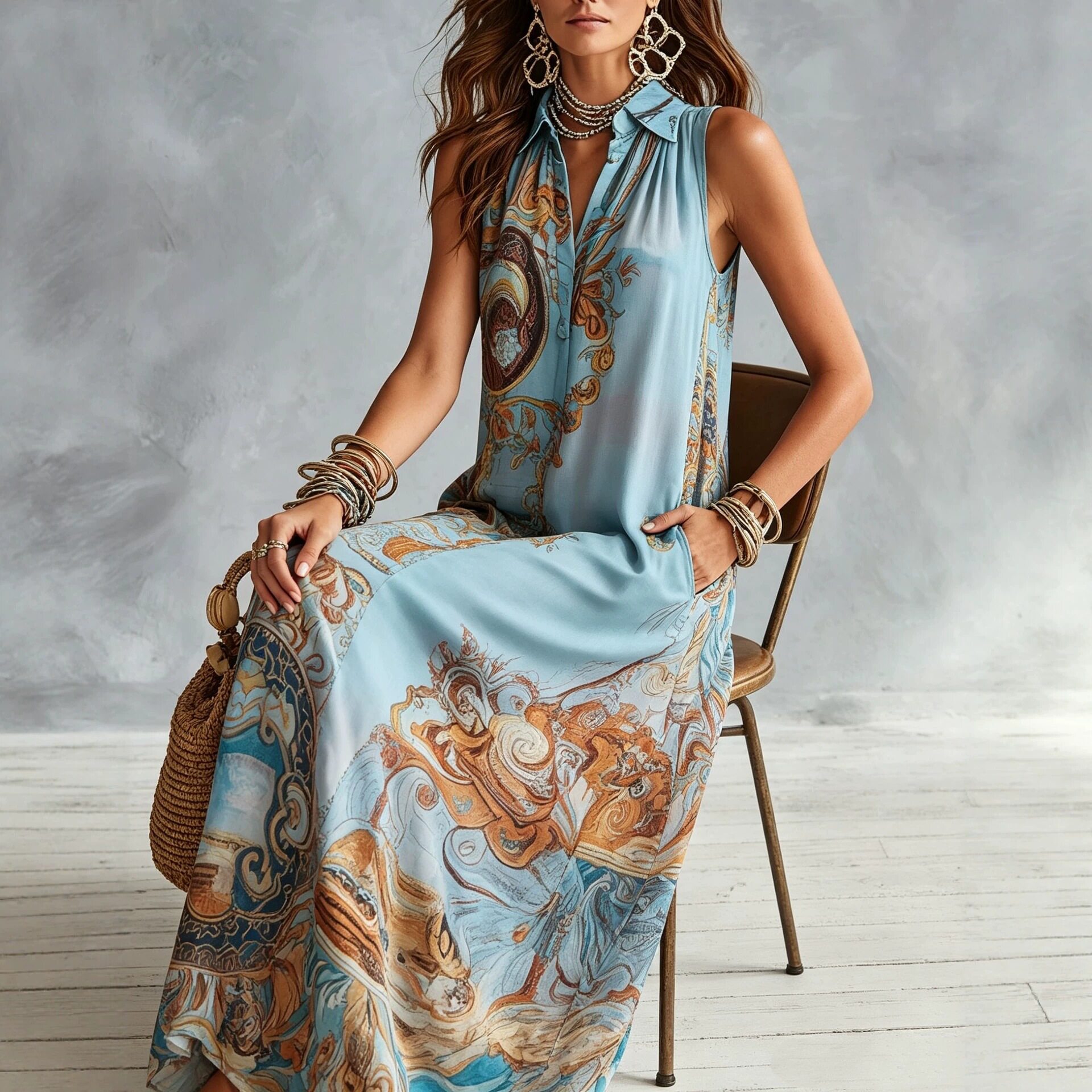 Robe longue élégante sans manches pour femme, imprimé numérique, col rabattu, simple boutonnage, fluide, décontractée, style bohème, été, Vestido