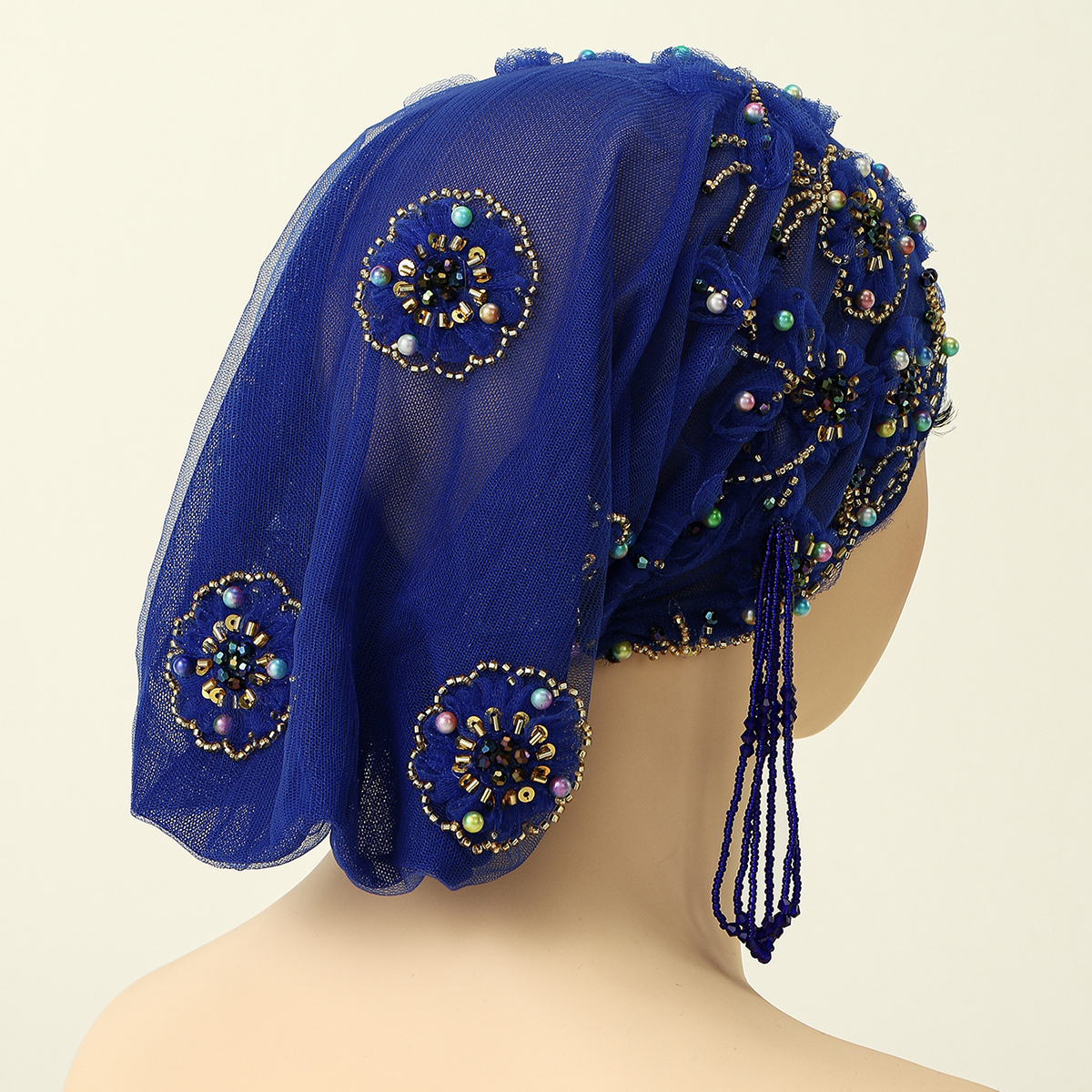 Chapeau de perles en dentelle musulmane, casquettes en tissu maille, Tube de perles associé à un fil de diamant acrylique, chapeau brodé pour femmes arabes de dubaï