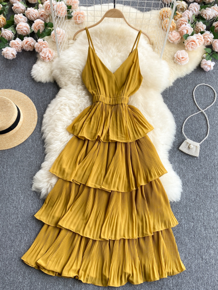 Robe de plage mi-longue à volants pour femmes, col en V, couche plissée, robes de plage élégantes, robe trapèze, sexy, nouveau, été, 2021