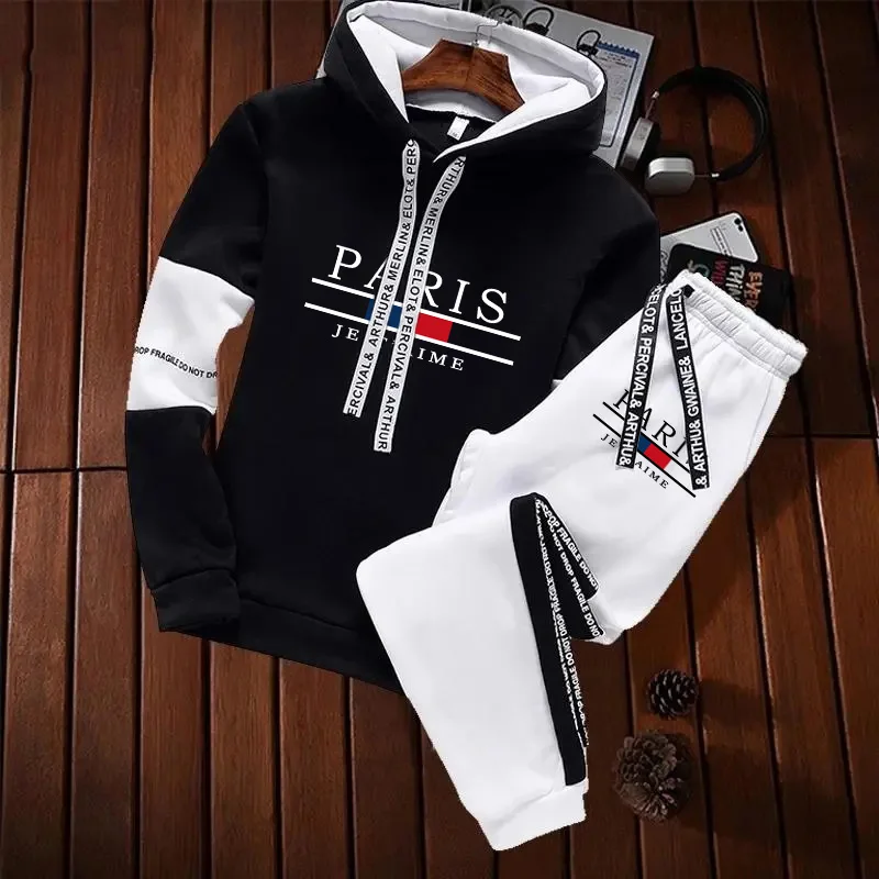 Ensemble de survêtement décontracté pour homme, style urbain, imprimé Paris, collection automne-hiver 2026 : sweat à capuche et pantalon de jogging sportif
