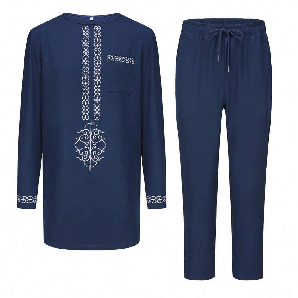 Ensemble de kaftan africain pour homme, manches longues, brodé, costume élégant de luxe, fête, mariage, vacances, ensemble de costumes musulmans pour homme, 2 pièces