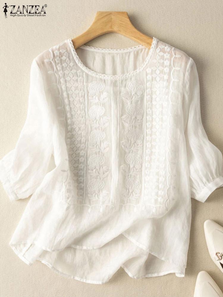 ZANZEA femmes élégantes chemisiers brodés automne 2024 3/4 manches bouffantes Transparent Blusas Mujer décontracté Vintage coton dessus de chemise