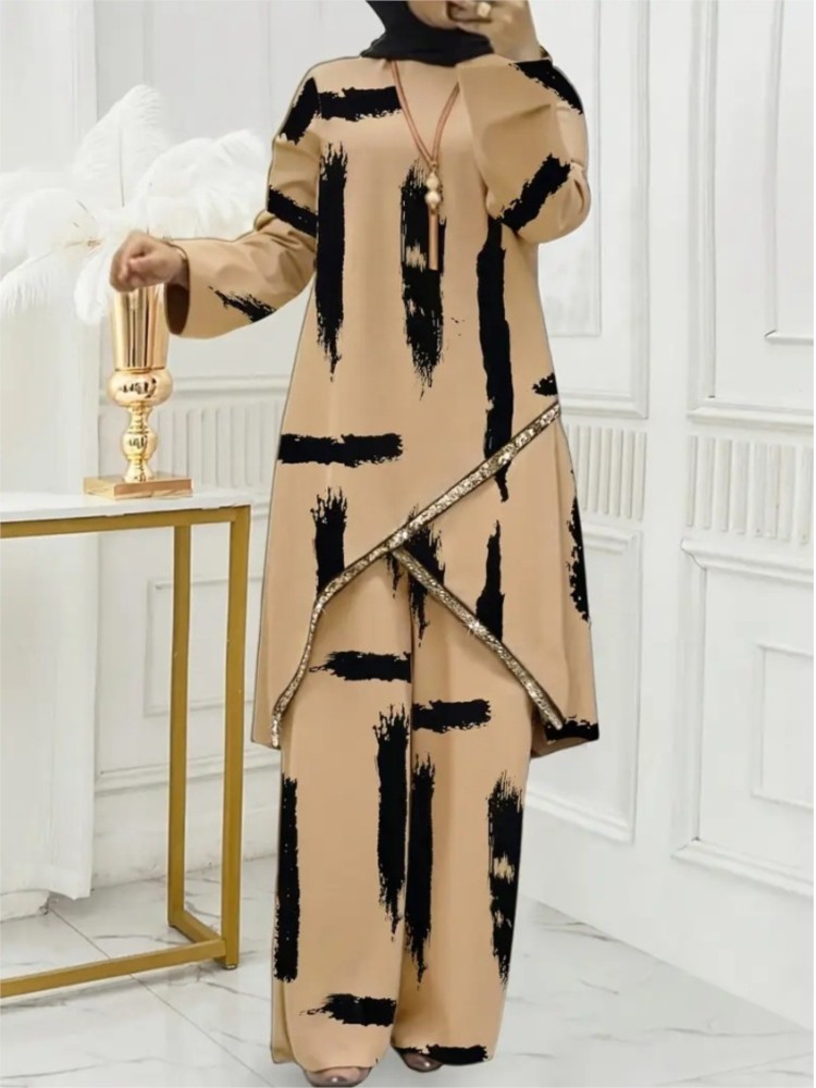 Ensemble Robe et Pantalon Large à Manches Longues Deux Pièces pour Femme Musulmane, Couleur Unie, Style Décontracté, Sportswear Tendance 2026