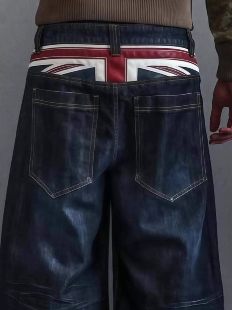 Jean baggy délavé taille haute pour hommes et femmes, motif Union Jack vintage, coupe large, style streetwear décontracté 2026