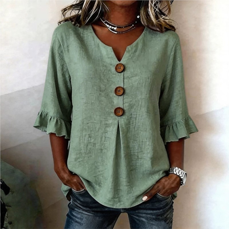 Nouvelle Blouse Décontractée Femme Col V Manches Sept Boutons Couleur Unie Été 2026 Respirante Vêtement Quotidien