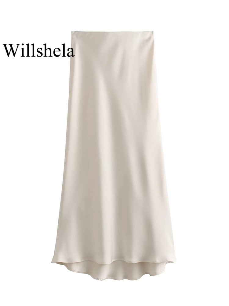 Willshela femmes mode Satin solide plissé jupe Midi Vintage taille mi élastique femme Chic dame jupes