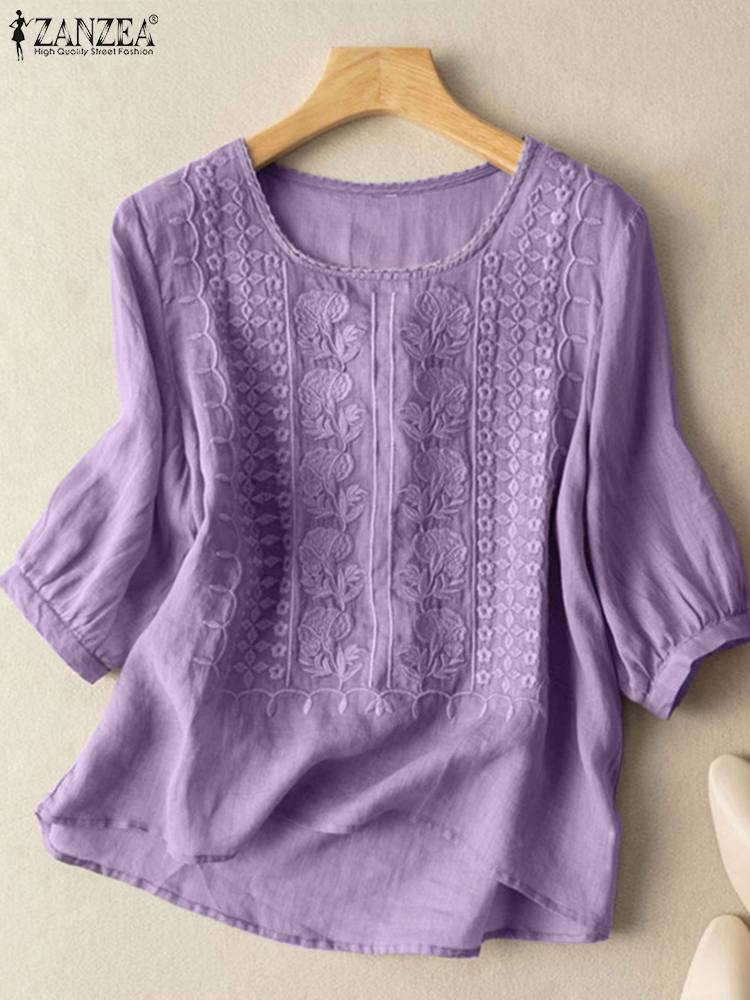 ZANZEA femmes élégantes chemisiers brodés automne 2024 3/4 manches bouffantes Transparent Blusas Mujer décontracté Vintage coton dessus de chemise