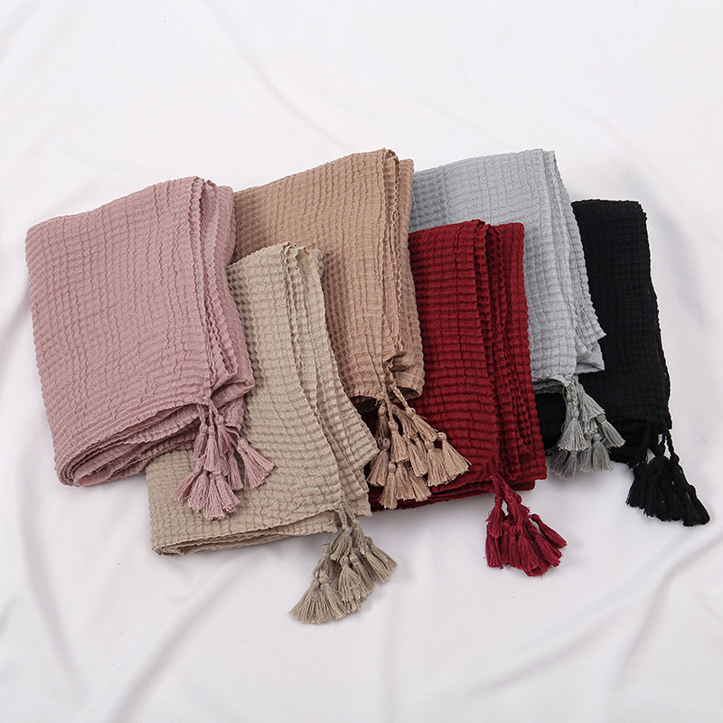 Écharpe en Viscose de Coton, Design Classique, Châles et Enveloppes à Pompon à Carreaux Déformables, Pashmina Bufanda Musulman, 180x70cm, Automne