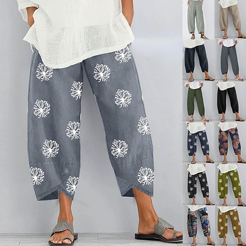 Pantalon sarouel en coton et lin pour femmes, Vintage, taille élastique, jambes larges, décontracté, poches solides, pantalon court et ample