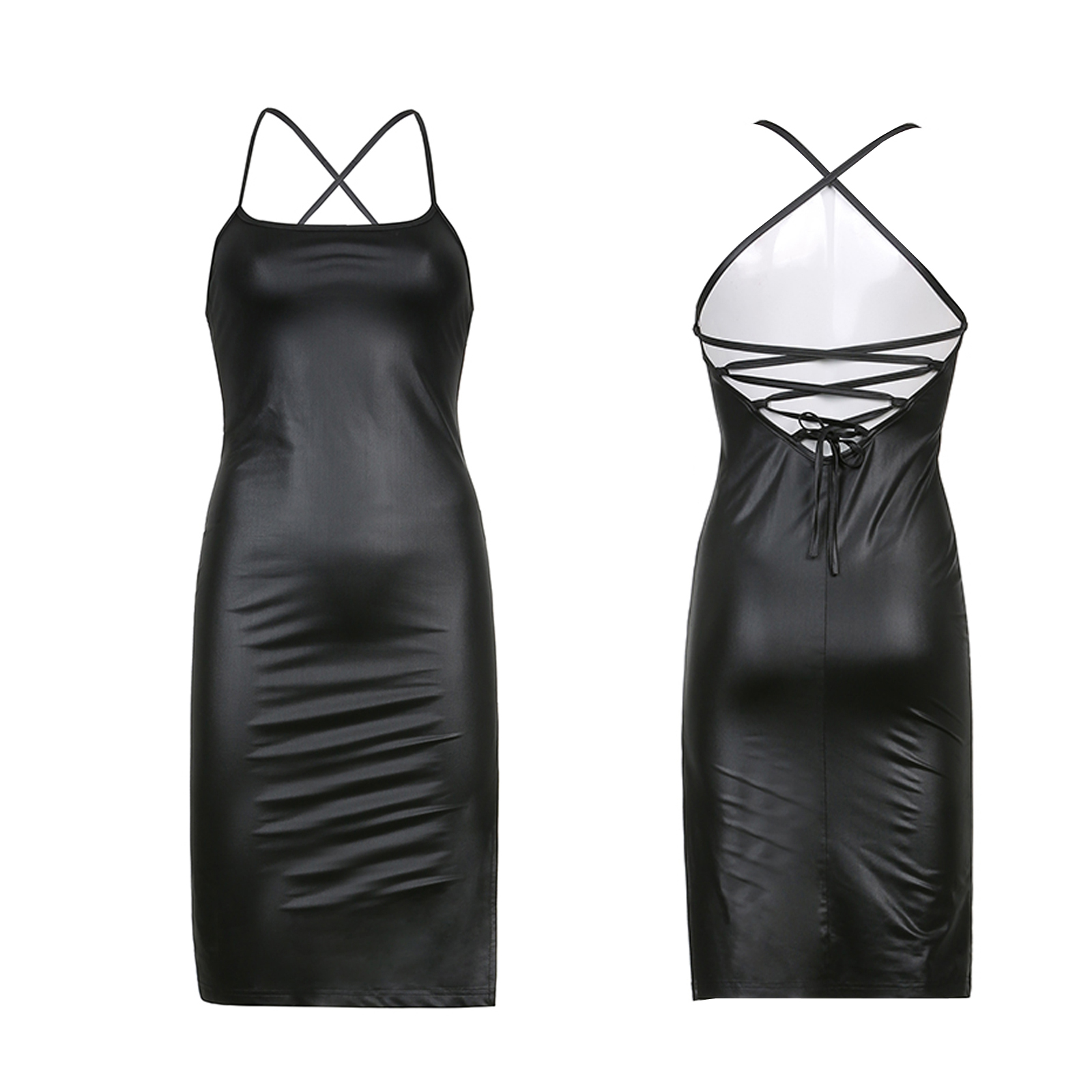 Femmes Sexy jarretelle mi-longue robe moulante mode couleur unie en cuir pansement dos nu maigre robe fendue pour femme Mujer