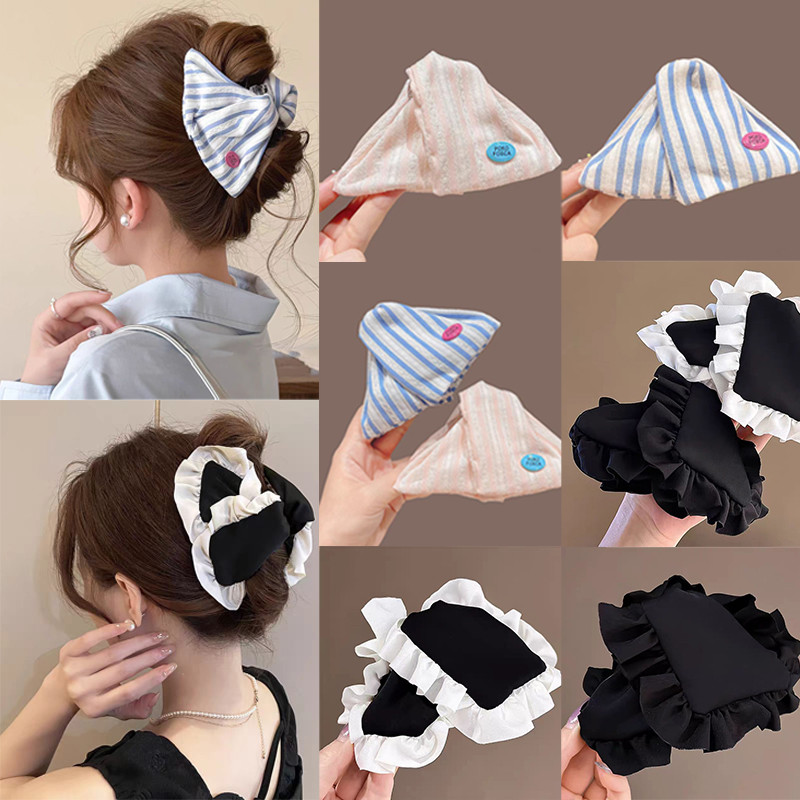 Pince à cheveux triangulaire en tissu macramé pour femme, pince requin rayée, à la mode pour filles à l'arrière de la tête, accessoires pour cheveux