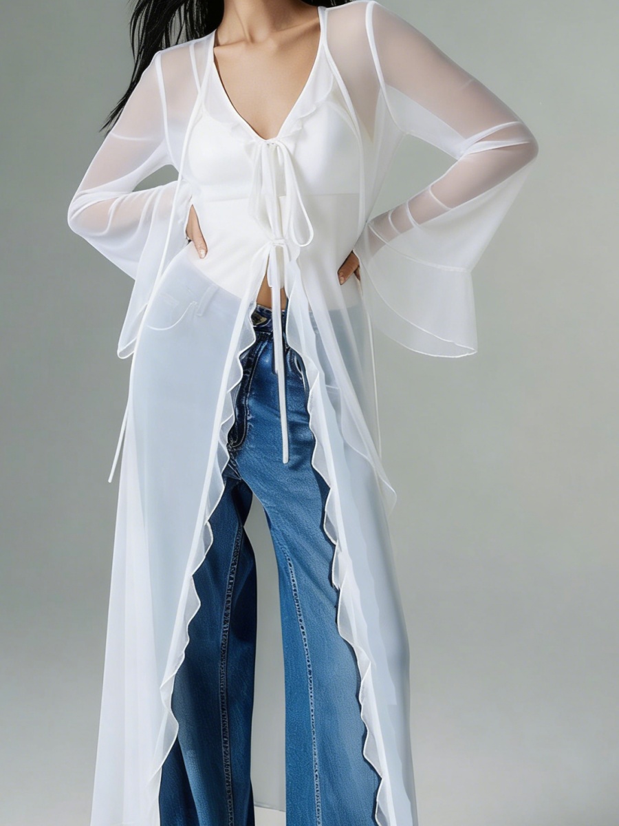 Kimono long en maille transparente pour femme, style hobo fluide avec volants, robe longue sexy à manches cloche, cache-maillot en mousseline à nouer sur le devant