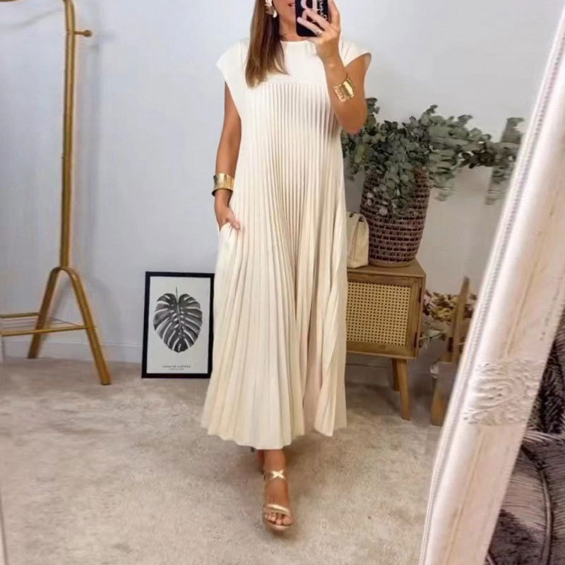 Robe sans manches pour femmes, robe longue décontractée plissée mi-longue de couleur unie à col rond et coupe ample pour les trajets quotidiens