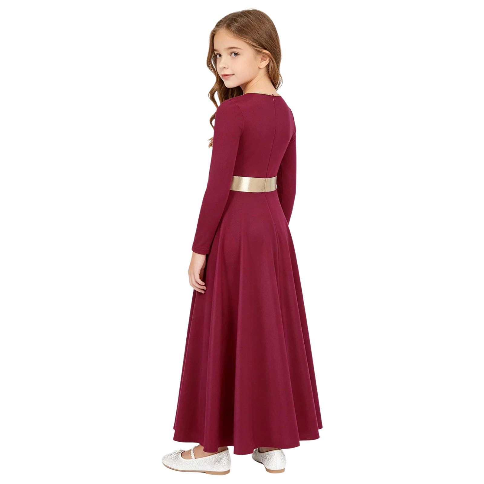 Robe de danse lyrique pour filles, robe de scène à manches longues, imprimé métallique, pour la liturgie, le culte, le chœur d'église