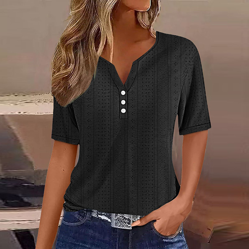 T-shirt décontracté à manches courtes et col en V pour femmes, t-shirt boutonné, t-shirts basiques d'été, pull élégant