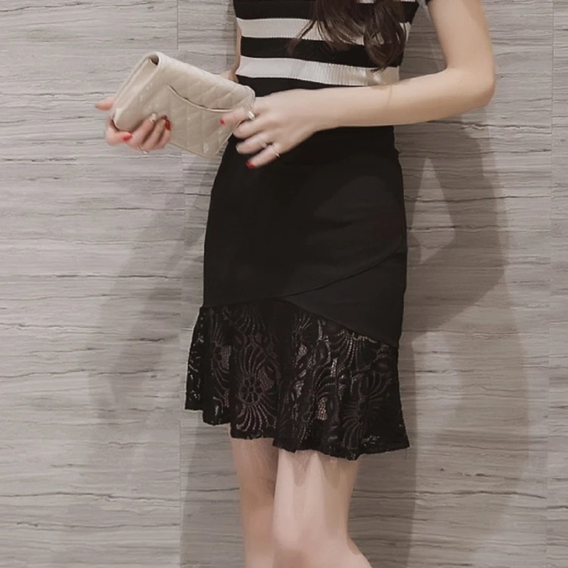 Jupe élastique taille haute pour femme, sexy, avec dentelle et ourlet queue de poisson