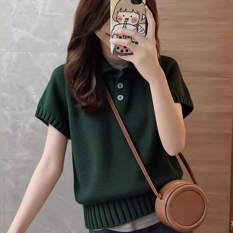 T-shirt en tricot uni vintage pour femme, col rabattu boutonné, manches courtes, pull tendance été, style Y2K