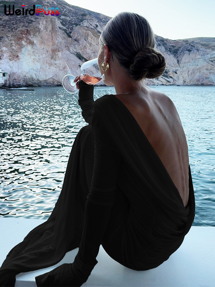 Whatiwear Robe Femmes Dos Nu Printemps Sexy Simple Vacances Plis Élégant Plein Manches Stretch Prom Soirée Solide Maxi Moulante