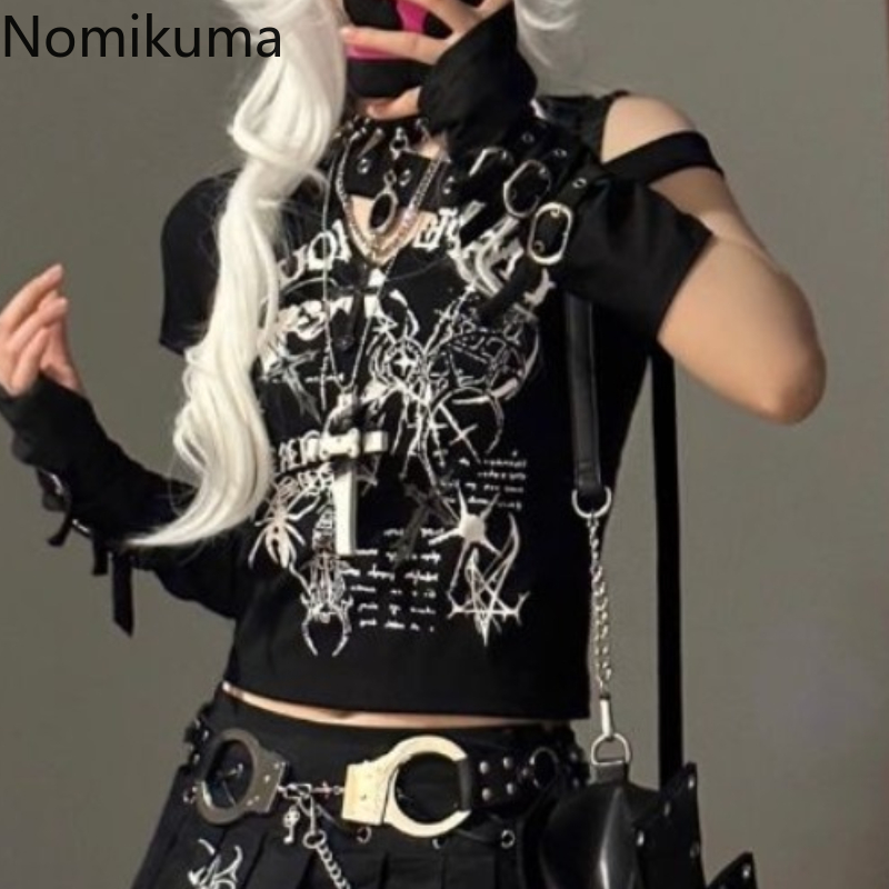 Économie Harajuku Y2K pour femmes, mode japonaise, punk noir, crâne, t-shirts courts, col en Y, tunique, hors initié
