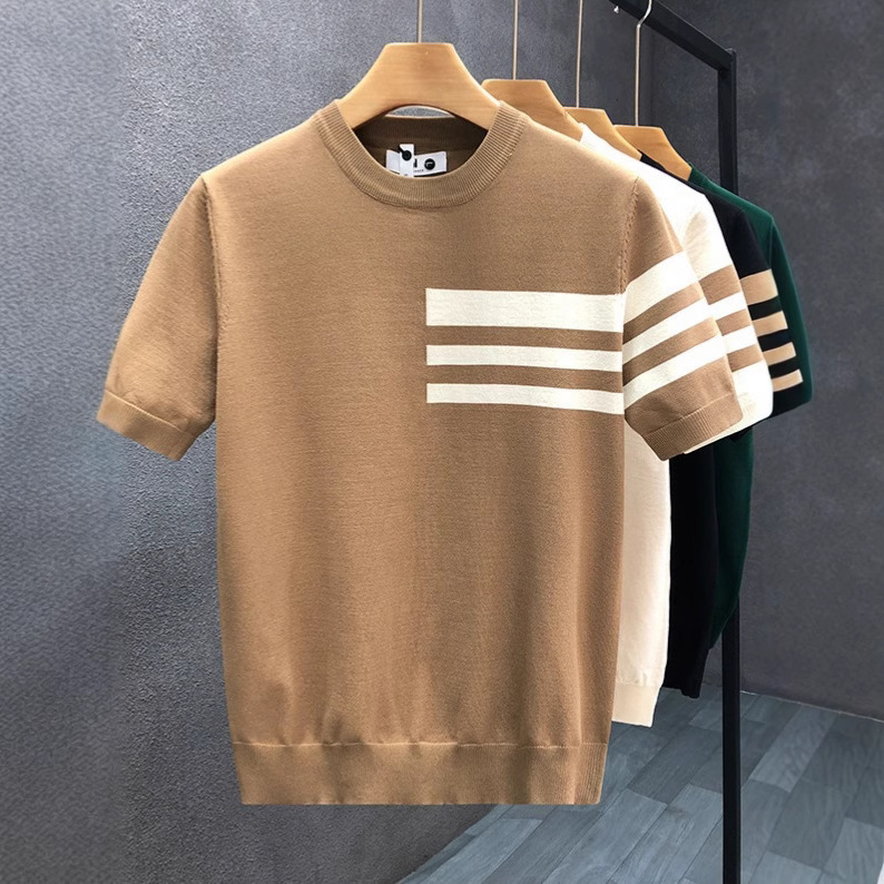 Style coréen 2025 été nouvelle mode hommes rayé contraste couleur col rond manches courtes respirant décontracté à la mode T-shirts mâle haut