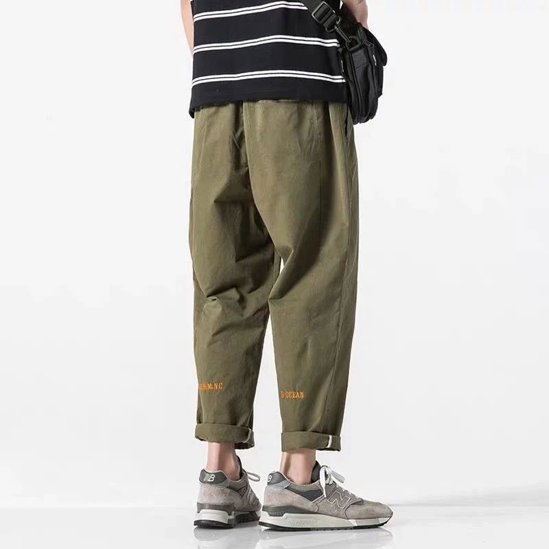 100% coton pantalon d'été décontracté avec ceinture hommes droit Baggy cheville longueur Cargo pantalon large jambe pantalons de survêtement mâle Streetwear