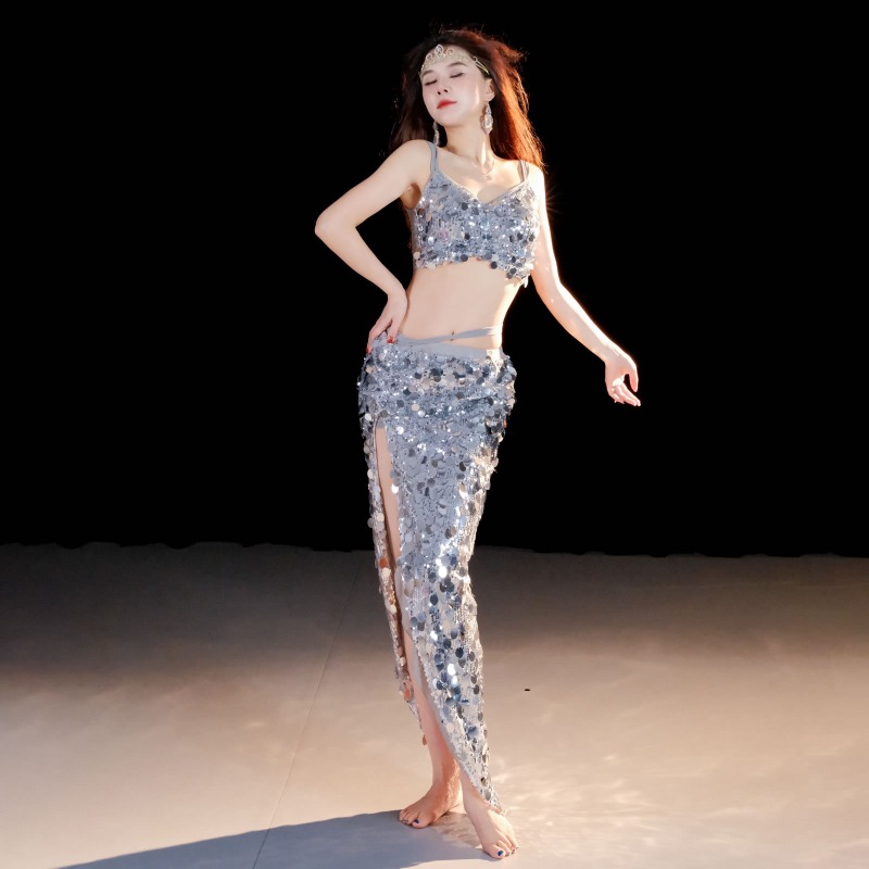 Costumes de danse du ventre, tenue Sexy à paillettes pour femmes adultes, ensemble de scène, haut et jupe, ensemble de 2 pièces, Costume d'entraînement de Performance