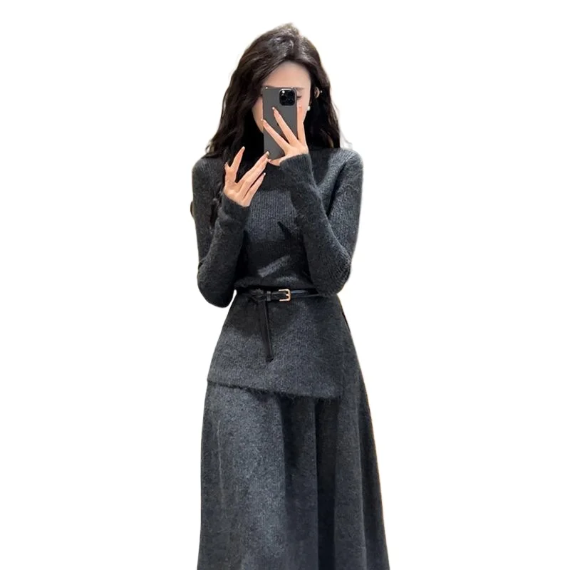 Ensembles de jupes à col haut pour femmes, pull à manches longues paresseux, jupes longues, olympiques chics design, vêtements de bureau pour femmes, 2 pièces