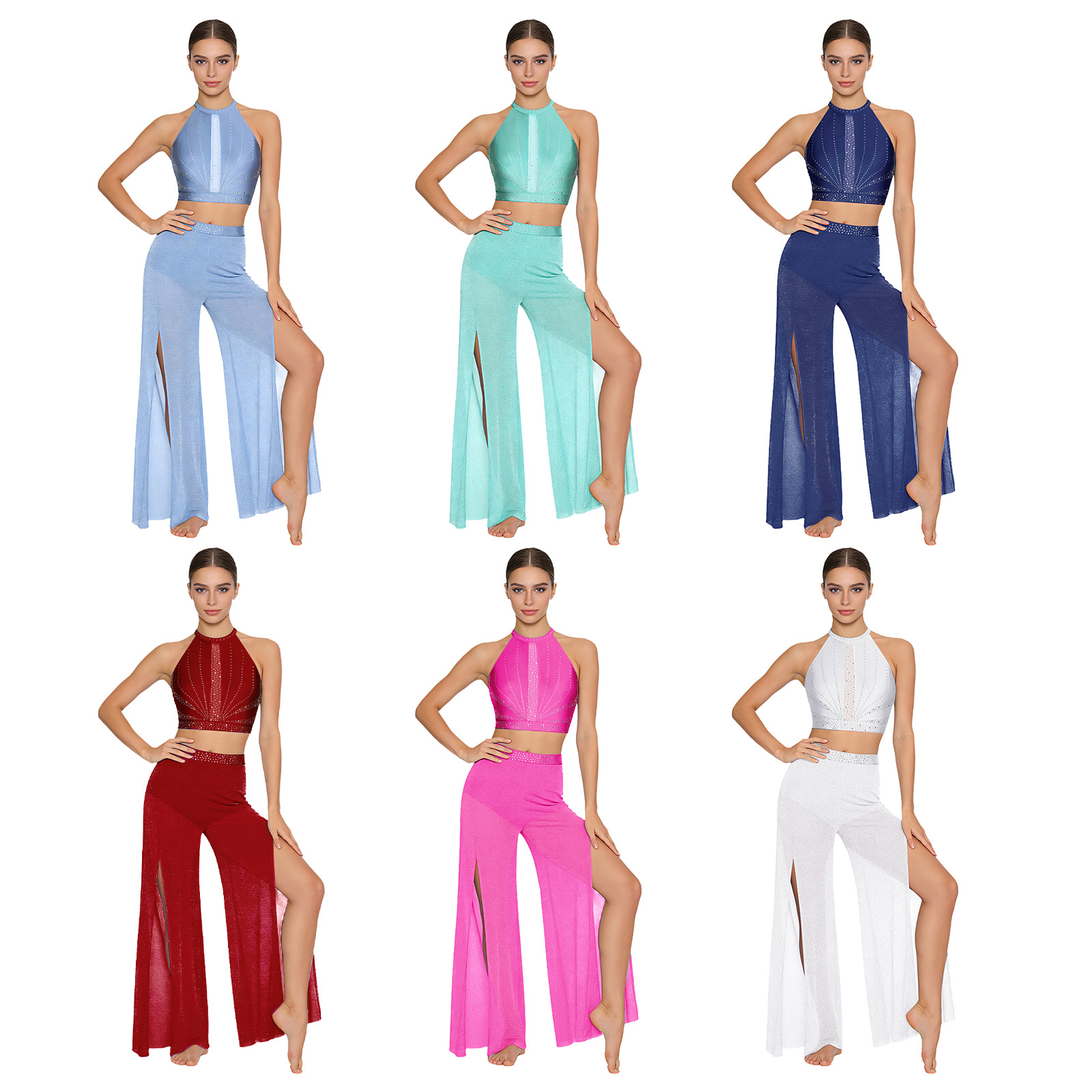 Costume de danse lyrique moderne pour femmes avec strass brillants, hauts courts et pantalons en maille transparente, tenue de danse, patinage, gymnastique, acrobaties