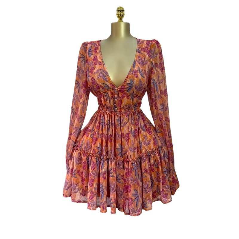 Robe Courte Femme Imprimé Floral Y2K Streetwear Col V Manches Longues Taille Haute Élégante pour Soirée et Travail