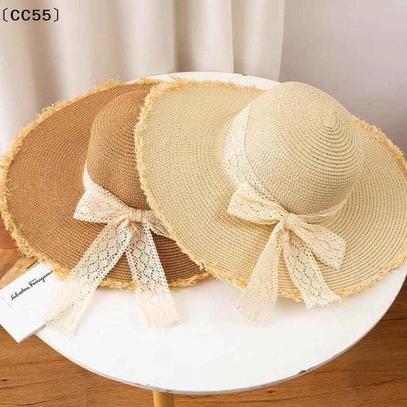 Chapeau de plage à nœud pour femme, chapeau de paille surdimensionné, chapeau d'été à grand bord pour femme, adapté à la protection solaire〔CC55〕